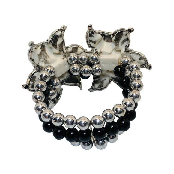 Vintage Black & White Zebra Print Multi Strand Silver Flower Stretch Bracelet 6” - Picture 6 of 6